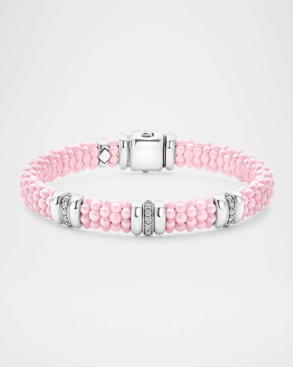 Sterling Silver and 18K Gold Three Station Diamond Pink Ceramic Caviar Bracelet, 9mm